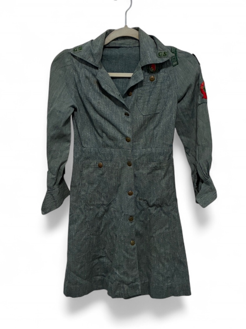 Vintage Girl Scouts Heathered Green Military-Style Long Sleeve Button Dress